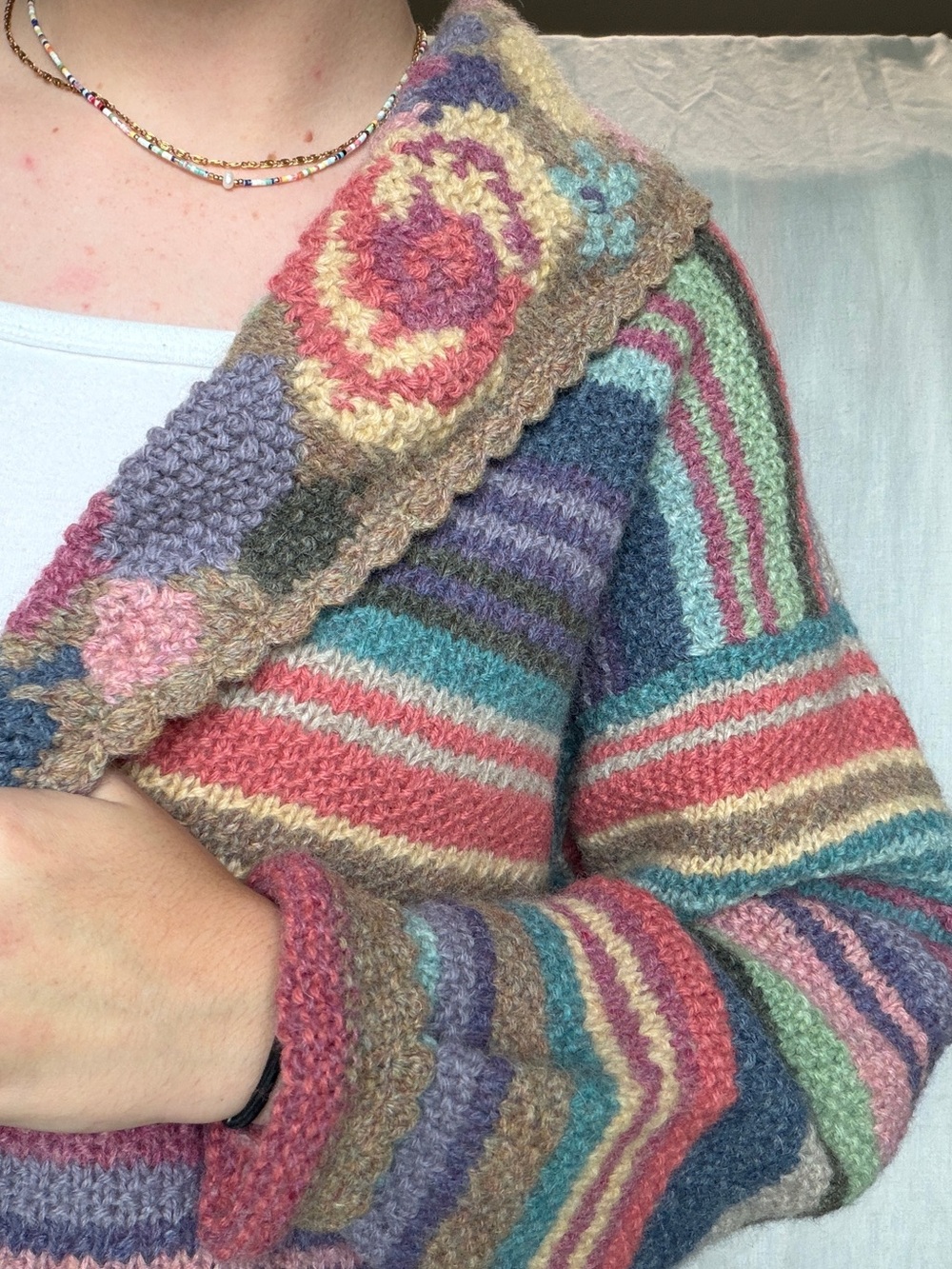vintage Casual Corner shetland wool colorful maximalist floral stripe cardigan M - Picture 2 of 8